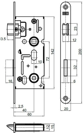 WYPRZEDAŻ Zamek wpuszczany K111, rozstaw 72 mm/ 60 mm WC