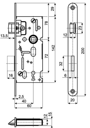 WYPRZEDAŻ Zamek wpuszczany K 103, rozstaw 72 mm/ 60 mm - BB